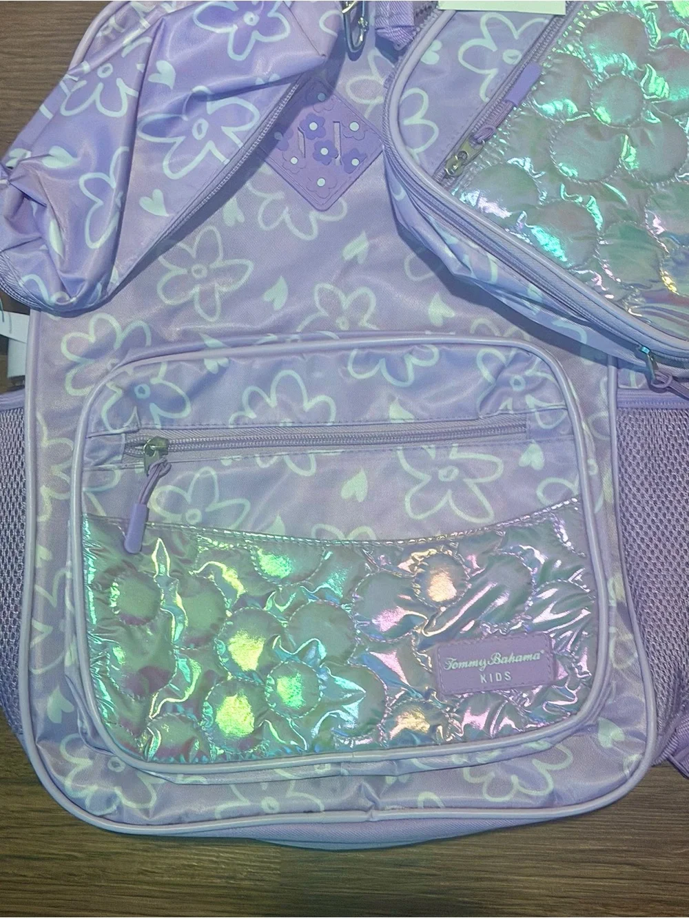BRAND NEW 5 Piece Tommy Bahama Kids Purple Holographic backpack combo set